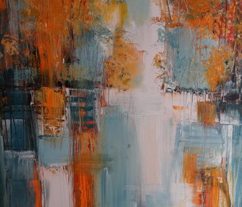 Abstract art piece composed of streaks of orange over a light blue background